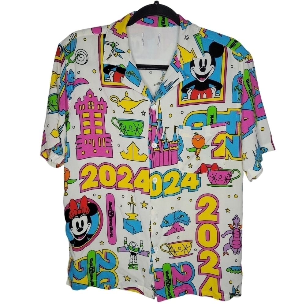 Disney Parks 4 Parks Figment Mickey Icons 2024 Button Down Shirt Neon - Picture 1 of 4
